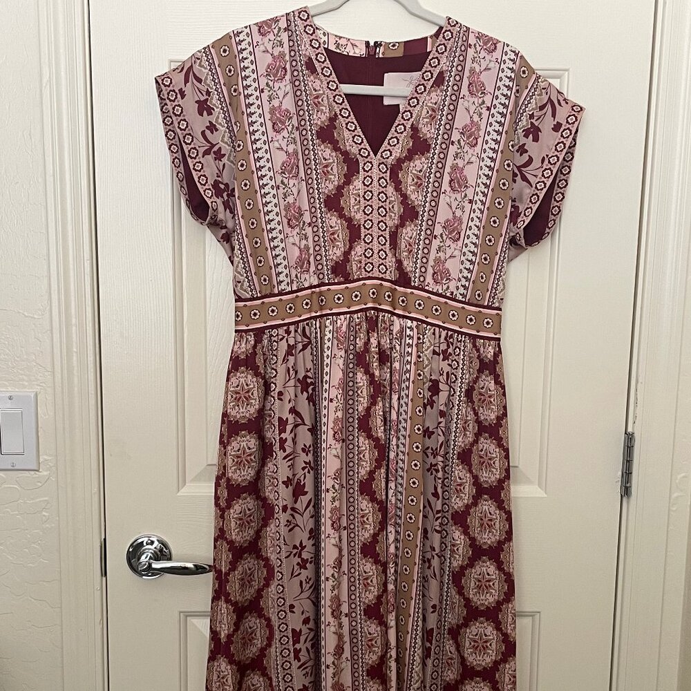Gal Meets Glam Liza Print Dress Patchwork Charmeuse Floral Midi Regency Coquet 8